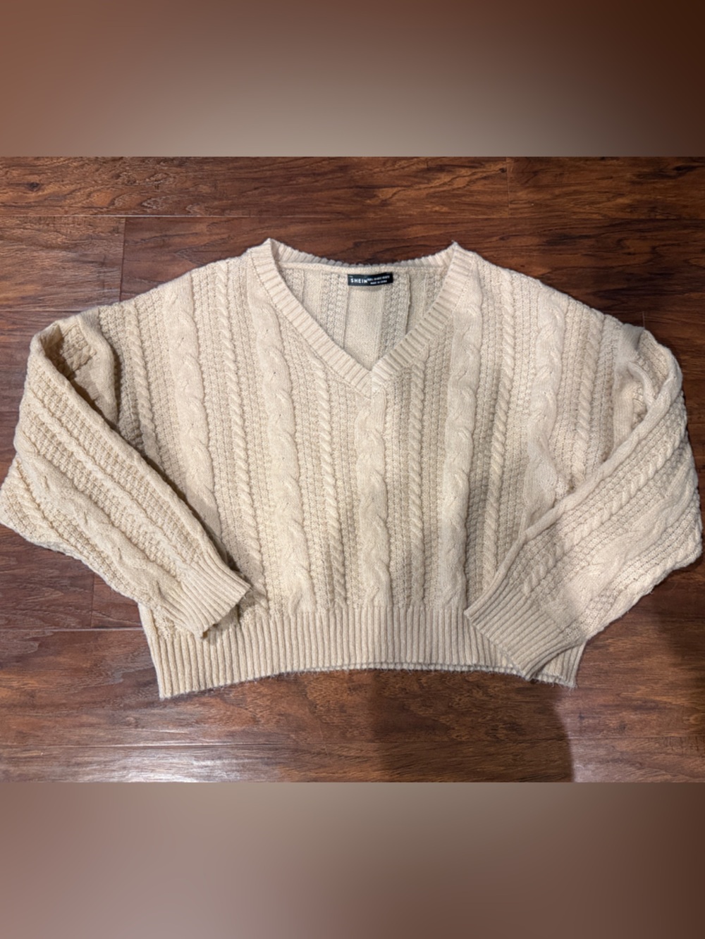 SHEIN Cream Cable Knit V-Neck Sweater